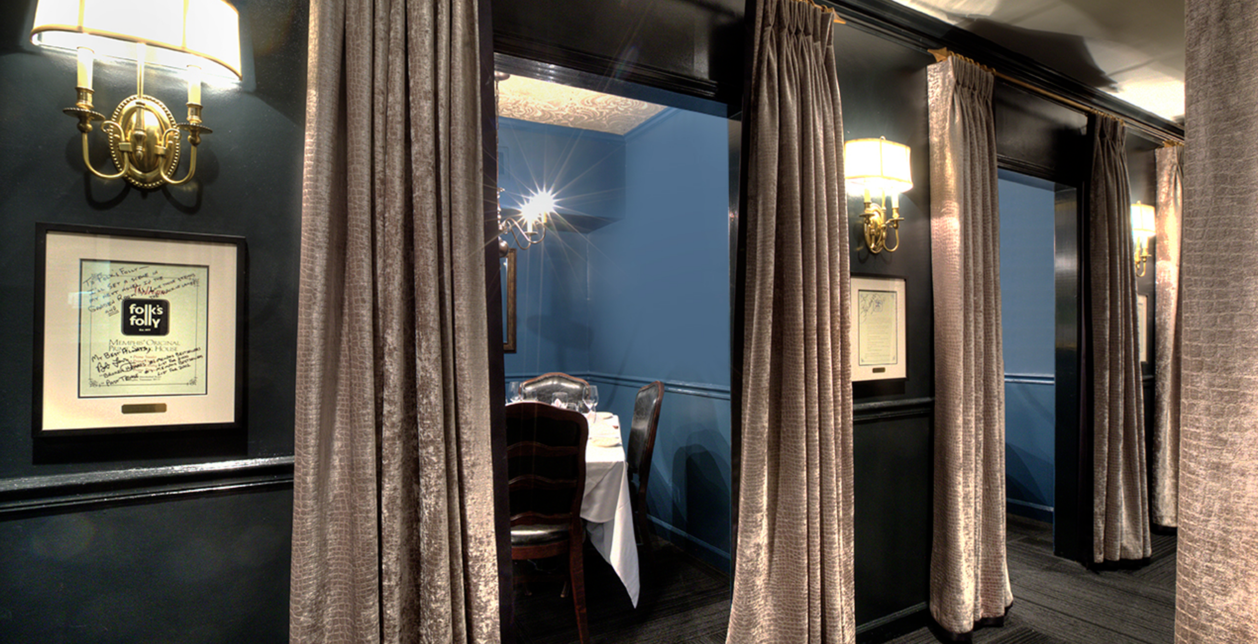 Distinctive individual dining rooms at Folk's Folly Prime Steak House